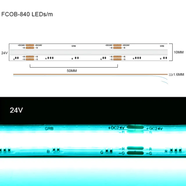 FCOB RGB LED Light Strip DC12V 810 DC24V 840 Flexible FOB COB 10mm 4pin Wire RA90 Linear Dimmable