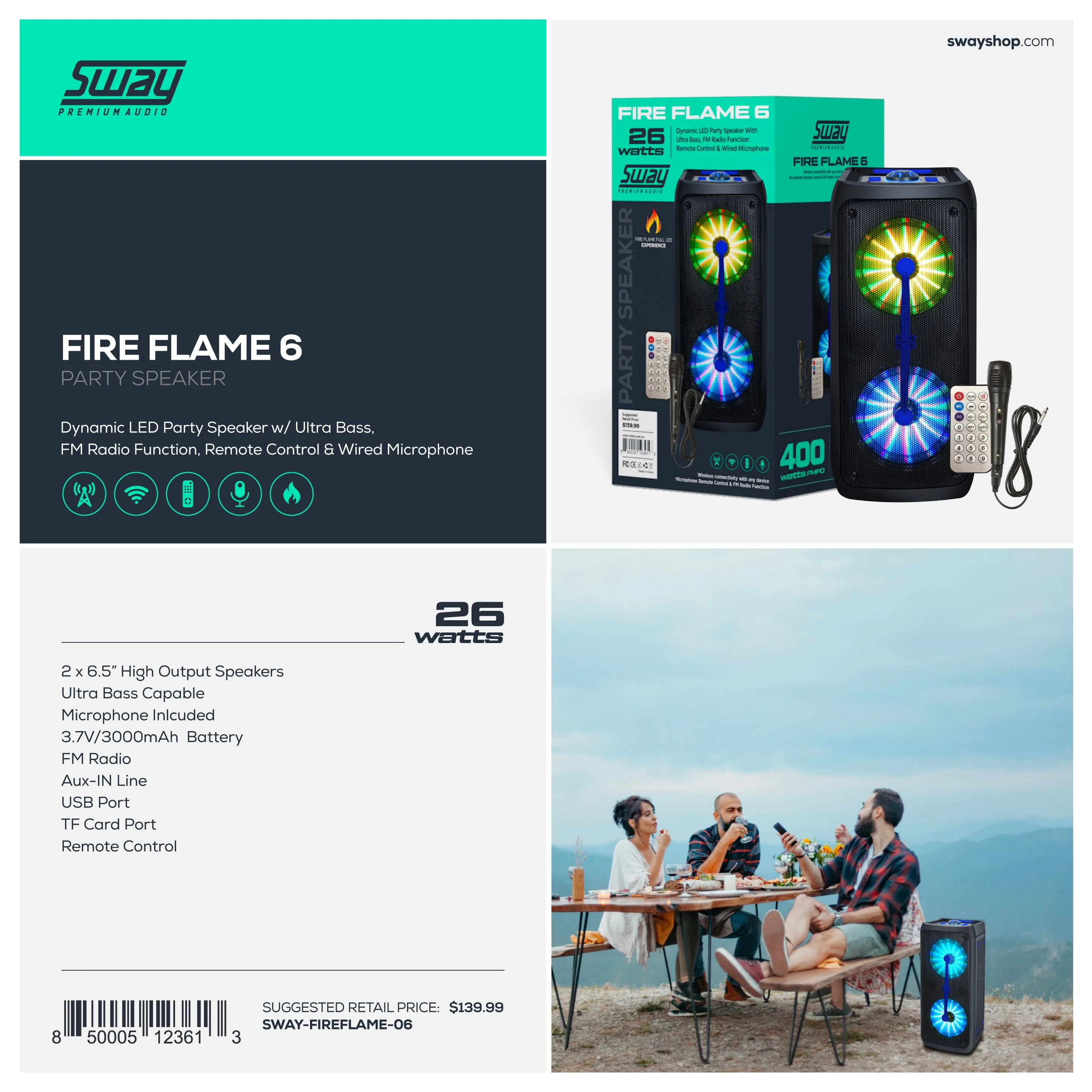 Fire Flame 6 | Karaoke Party Speaker | Full Motion LED / Wired Mic / Remote