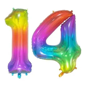 Giant Number 14 Foil Balloons - Rainbow