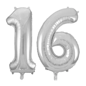 Giant Number 16 Foil Balloons - Silver