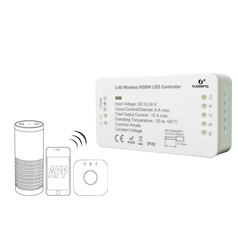 GLEDOPTO ZIGBEE RGBW LED Strip Controller 12-24VDC RGBW Remote Dimmer Controller Compatible With Amazon Echo Plus/Osram Lightify (White)