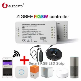 GLEDOPTO ZIGBEE RGBW LED Strip Controller 12-24VDC RGBW Remote Dimmer Controller Compatible With Amazon Echo Plus/Osram Lightify (White)