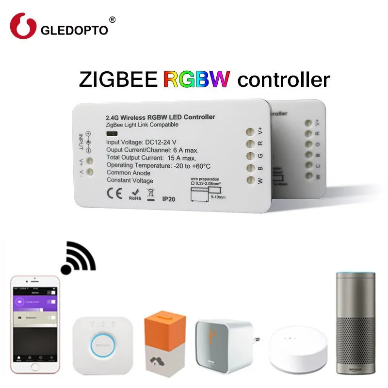 GLEDOPTO ZIGBEE RGBW LED Strip Controller 12-24VDC RGBW Remote Dimmer Controller Compatible With Amazon Echo Plus/Osram Lightify (White)