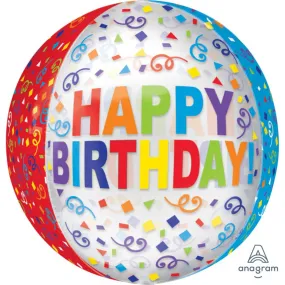 Happy Birthday Colorful Streamer Orbz 16″ Balloon (3/Pk)