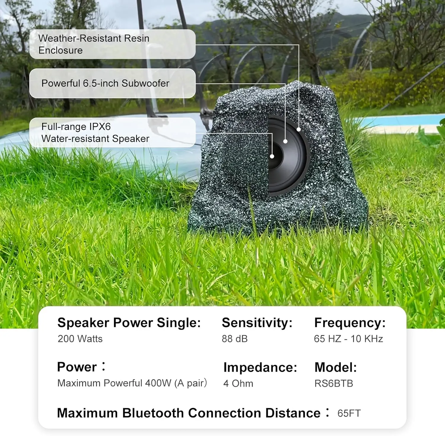Herdio 6.5" Bluetooth Waterproof Outdoor Rock Speakers 400 Watts (1 Pair)