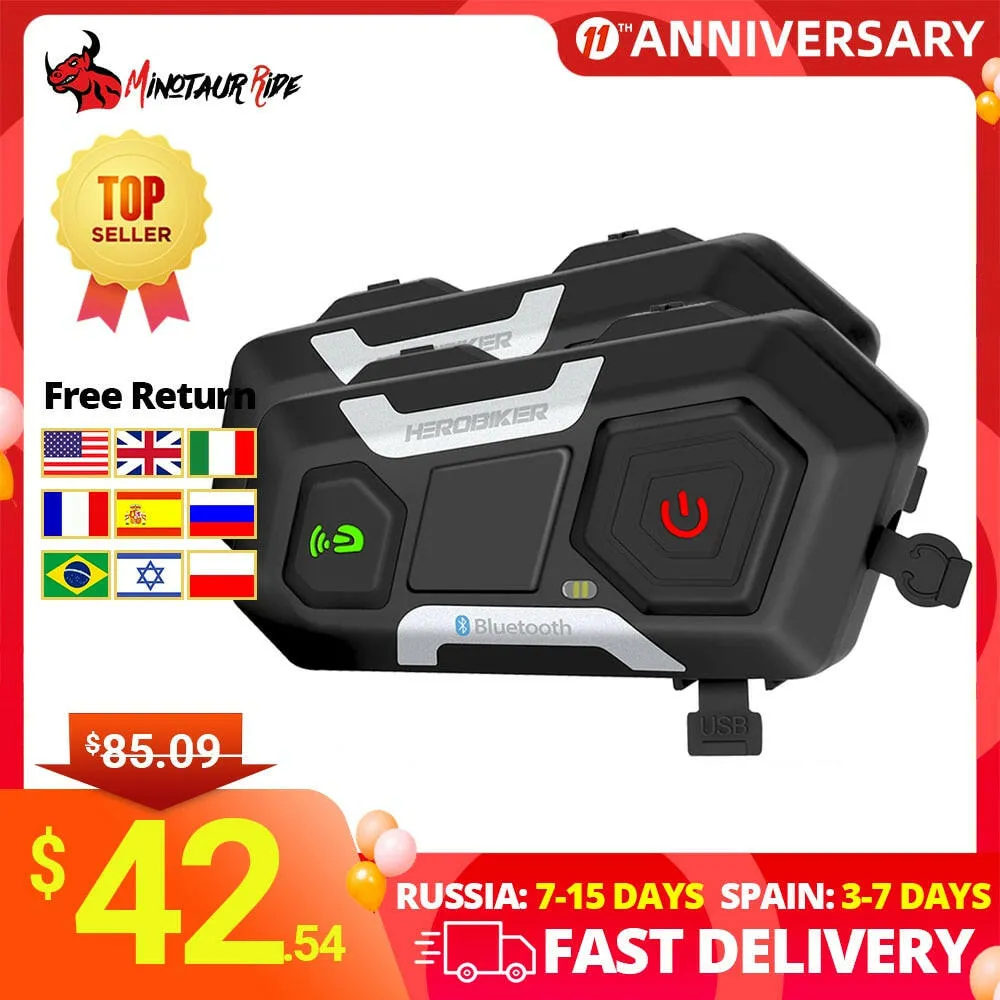 HEROBIKER Motorcycle Intercom Helmet Headset Helmet Waterproof Speaker Interphone Moto Headset Wireless Intercomunicador 1200M