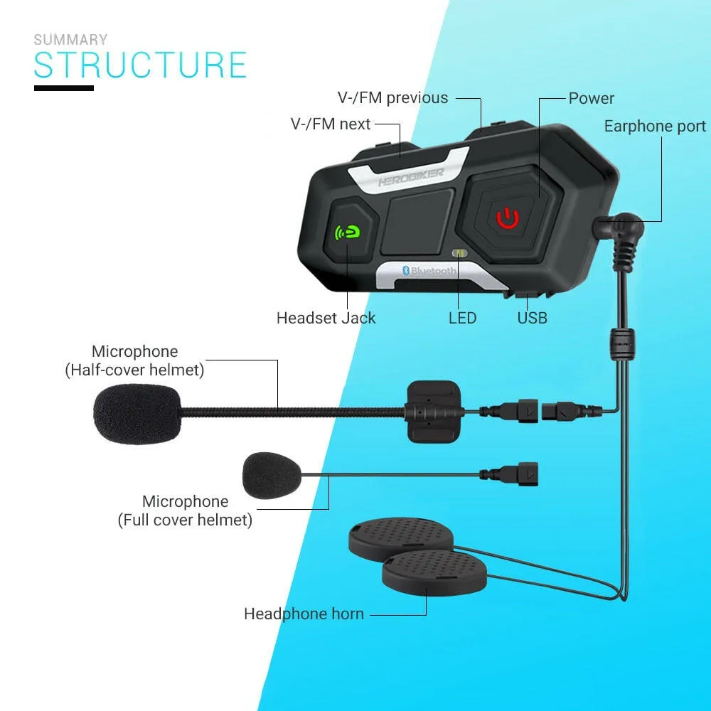 HEROBIKER Motorcycle Intercom Helmet Headset Helmet Waterproof Speaker Interphone Moto Headset Wireless Intercomunicador 1200M