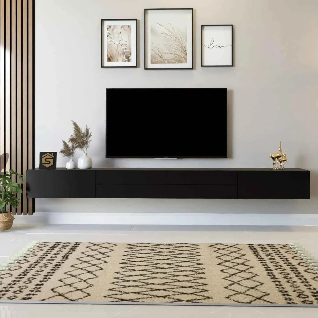 Modern Black Hanging TV Unit with Hydraulic Drawers – Sleek Wall-Mounted TV Stand