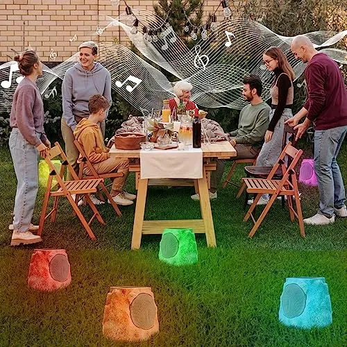 NiceBuy Rock Speakers Outdoor Waterproof Solar Set of 2 Rock Speaker Bluetooth Wireless Bass Solar Powered Garden Speakers with TWS Pair&RGB Colors&DC Charge for Outside Patio Deck BBQ