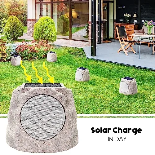 NiceBuy Rock Speakers Outdoor Waterproof Solar Set of 2 Rock Speaker Bluetooth Wireless Bass Solar Powered Garden Speakers with TWS Pair&RGB Colors&DC Charge for Outside Patio Deck BBQ