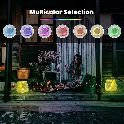 NiceBuy Rock Speakers Outdoor Waterproof Solar Set of 2 Rock Speaker Bluetooth Wireless Bass Solar Powered Garden Speakers with TWS Pair&RGB Colors&DC Charge for Outside Patio Deck BBQ