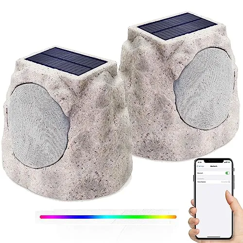 NiceBuy Rock Speakers Outdoor Waterproof Solar Set of 2 Rock Speaker Bluetooth Wireless Bass Solar Powered Garden Speakers with TWS Pair&RGB Colors&DC Charge for Outside Patio Deck BBQ