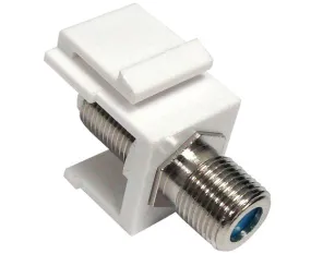 Nickel-plated F-81 Coax Keystone Jack with a 3GHz Blue Ring Snap-in Module. It serves as an F-Type Coupler, connecting female to female, for high-speed networking applications.