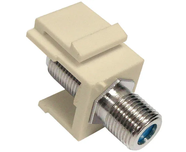 Nickel-plated F-81 Coax Keystone Jack with a 3GHz Blue Ring Snap-in Module. It serves as an F-Type Coupler, connecting female to female, for high-speed networking applications.