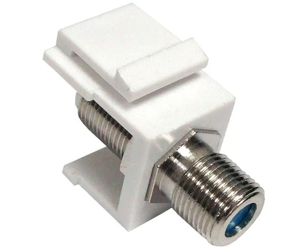 Nickel-plated F-81 Coax Keystone Jack with a 3GHz Blue Ring Snap-in Module. It serves as an F-Type Coupler, connecting female to female, for high-speed networking applications.