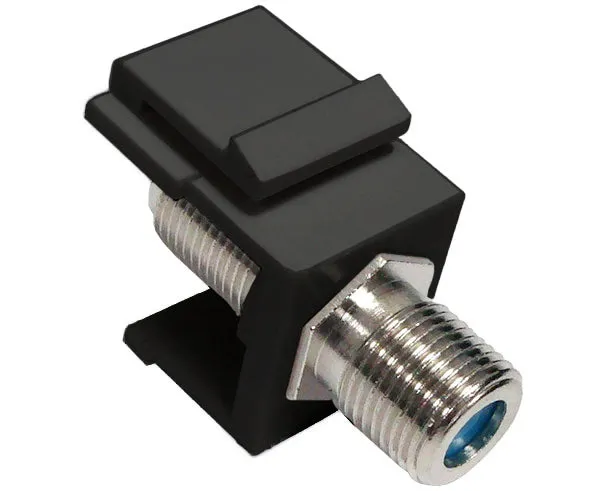 Nickel-plated F-81 Coax Keystone Jack with a 3GHz Blue Ring Snap-in Module. It serves as an F-Type Coupler, connecting female to female, for high-speed networking applications.