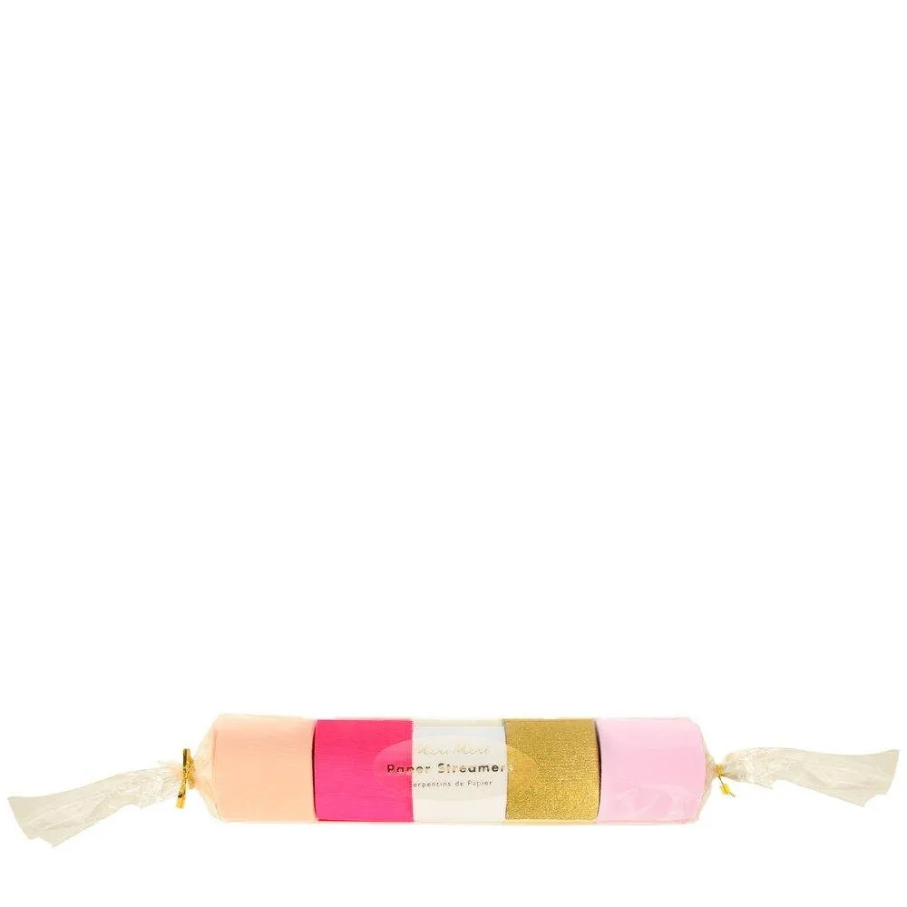 Pink Crepe Paper Streamers, Set of 5 Rolls of Pretty Pink and Gold Streamers by Meri Meri, Each Roll is 33"