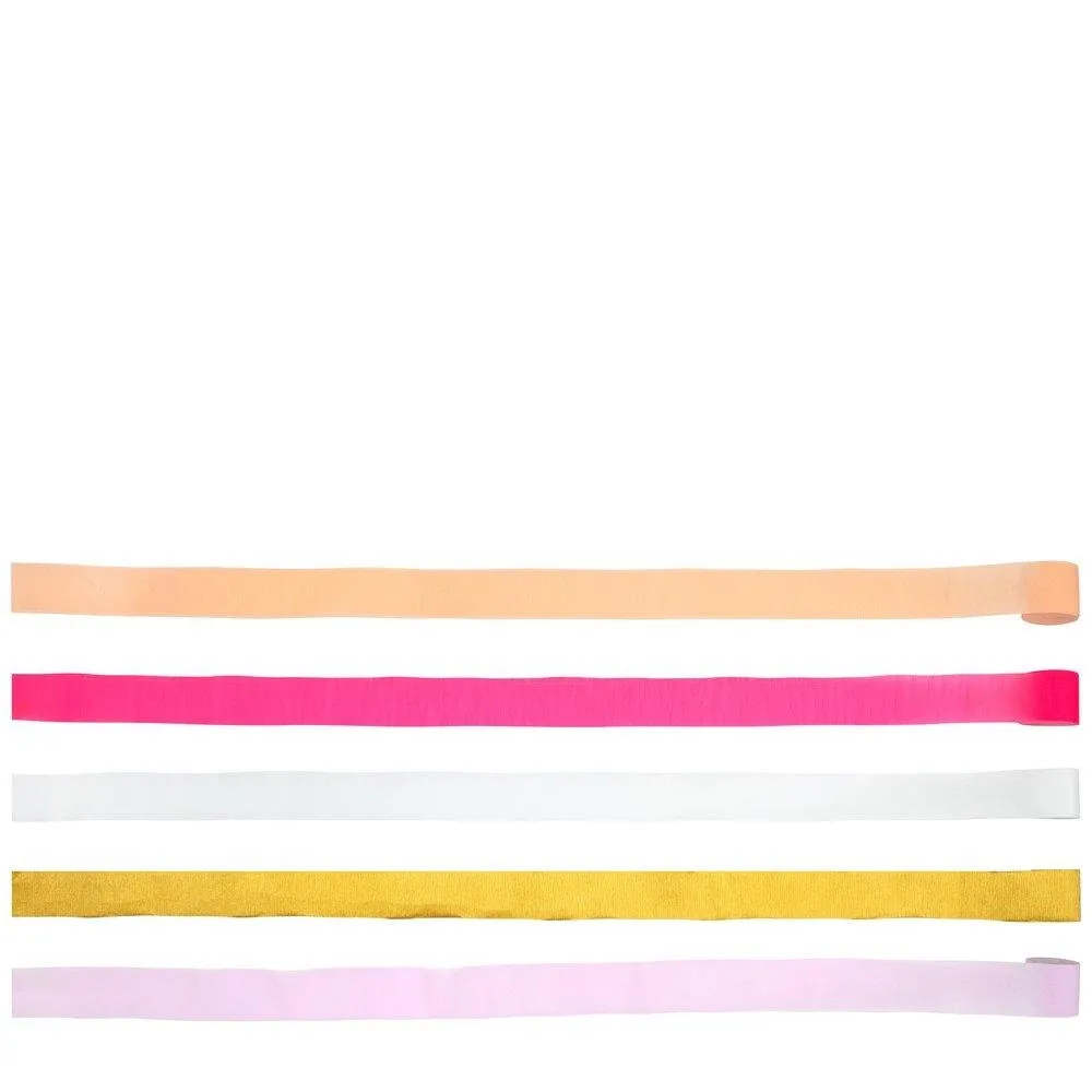 Pink Crepe Paper Streamers, Set of 5 Rolls of Pretty Pink and Gold Streamers by Meri Meri, Each Roll is 33"