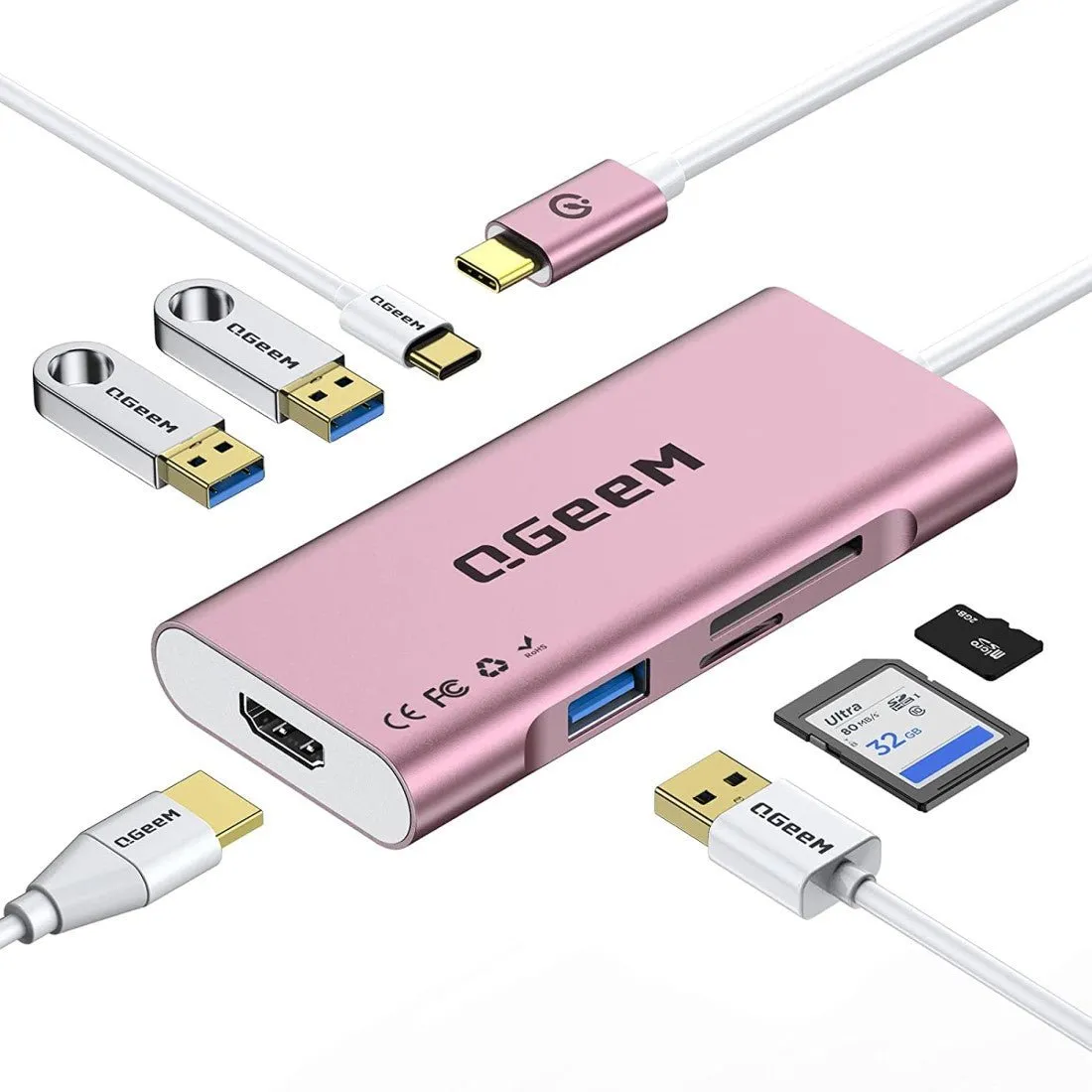 QGeeM 7-in-1 USB-C Hub with 100W Power Delivery,3 USB 3.0 Ports, SD/TF Card Reader,Compatible for MacBook and Windows