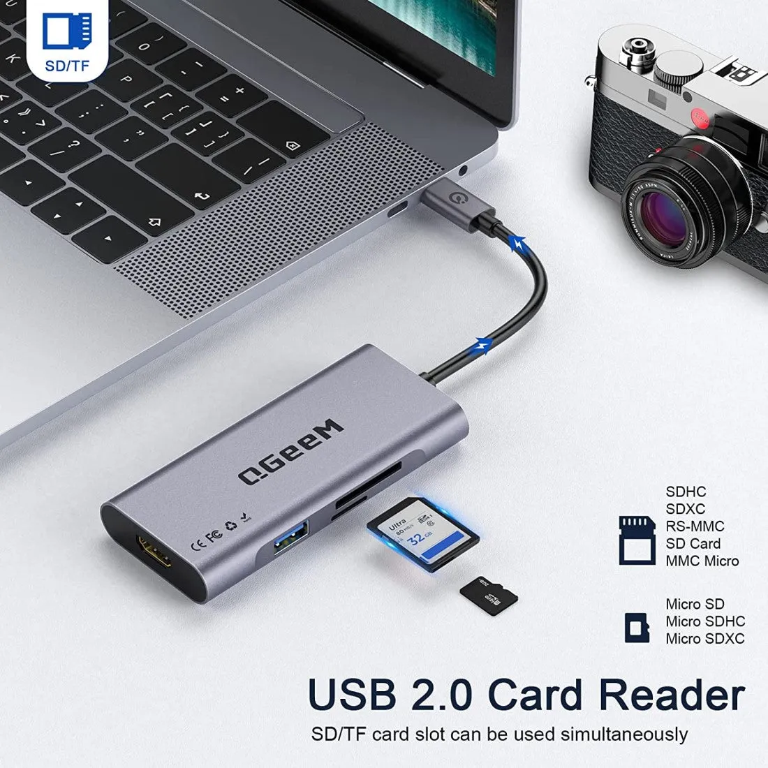 QGeeM 7-in-1 USB-C Hub with 100W Power Delivery,3 USB 3.0 Ports, SD/TF Card Reader,Compatible for MacBook and Windows