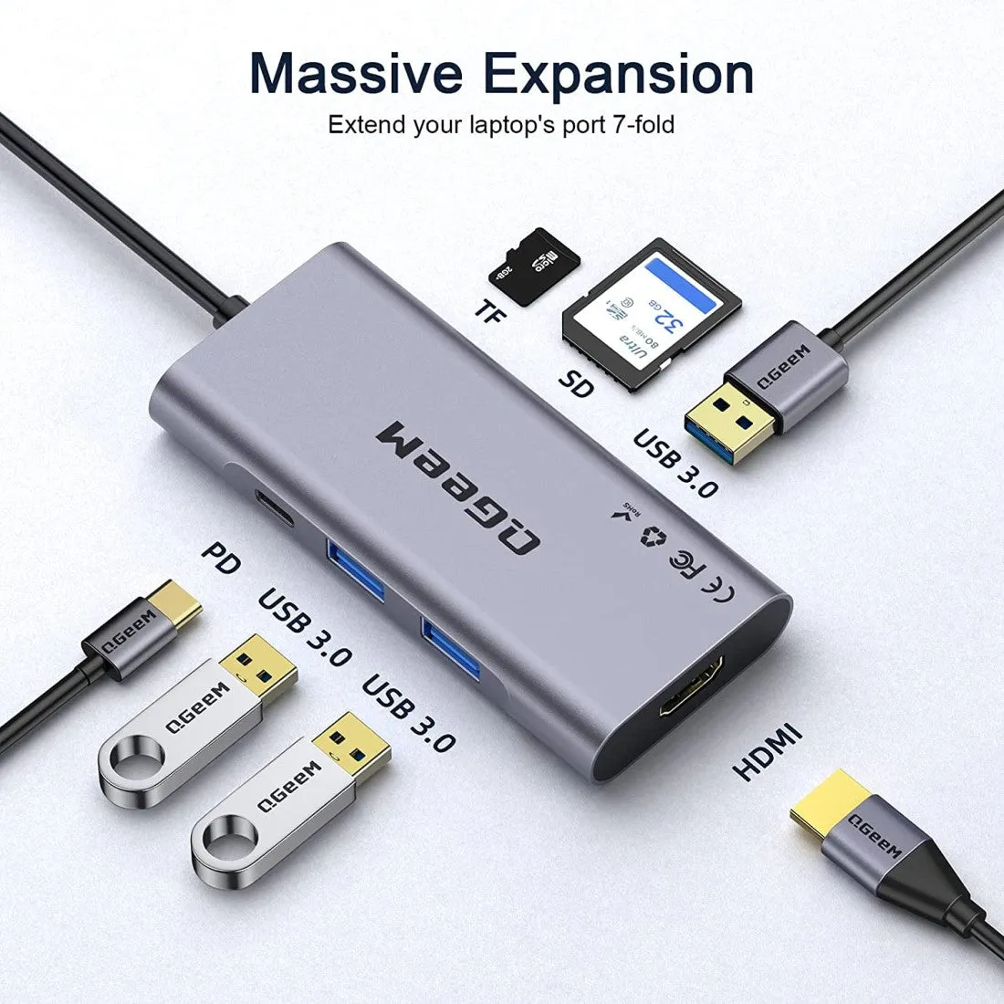 QGeeM 7-in-1 USB-C Hub with 100W Power Delivery,3 USB 3.0 Ports, SD/TF Card Reader,Compatible for MacBook and Windows