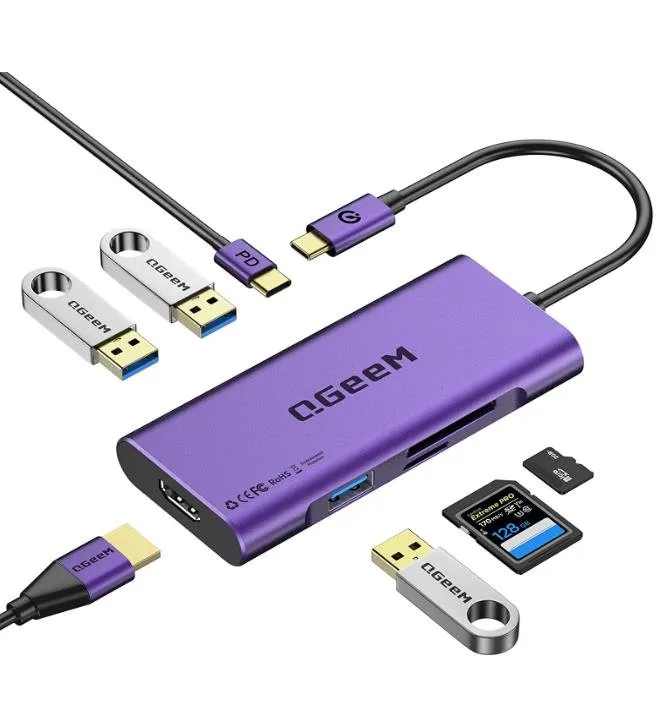 QGeeM 7-in-1 USB-C Hub with 100W Power Delivery,3 USB 3.0 Ports, SD/TF Card Reader,Compatible for MacBook and Windows