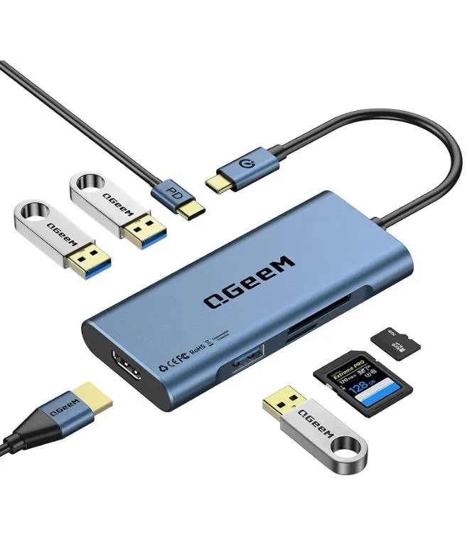 QGeeM 7-in-1 USB-C Hub with 100W Power Delivery,3 USB 3.0 Ports, SD/TF Card Reader,Compatible for MacBook and Windows