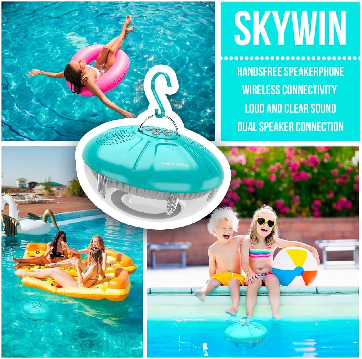 Skywin Hot Tub Speakers and Speakerphone - Disco Light Floating Waterproof IPX7 Large Wireless Pool and Shower Speaker with Dual Speaker Connection