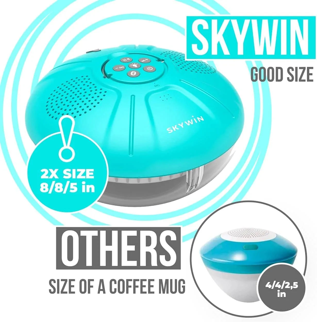 Skywin Hot Tub Speakers and Speakerphone - Disco Light Floating Waterproof IPX7 Large Wireless Pool and Shower Speaker with Dual Speaker Connection