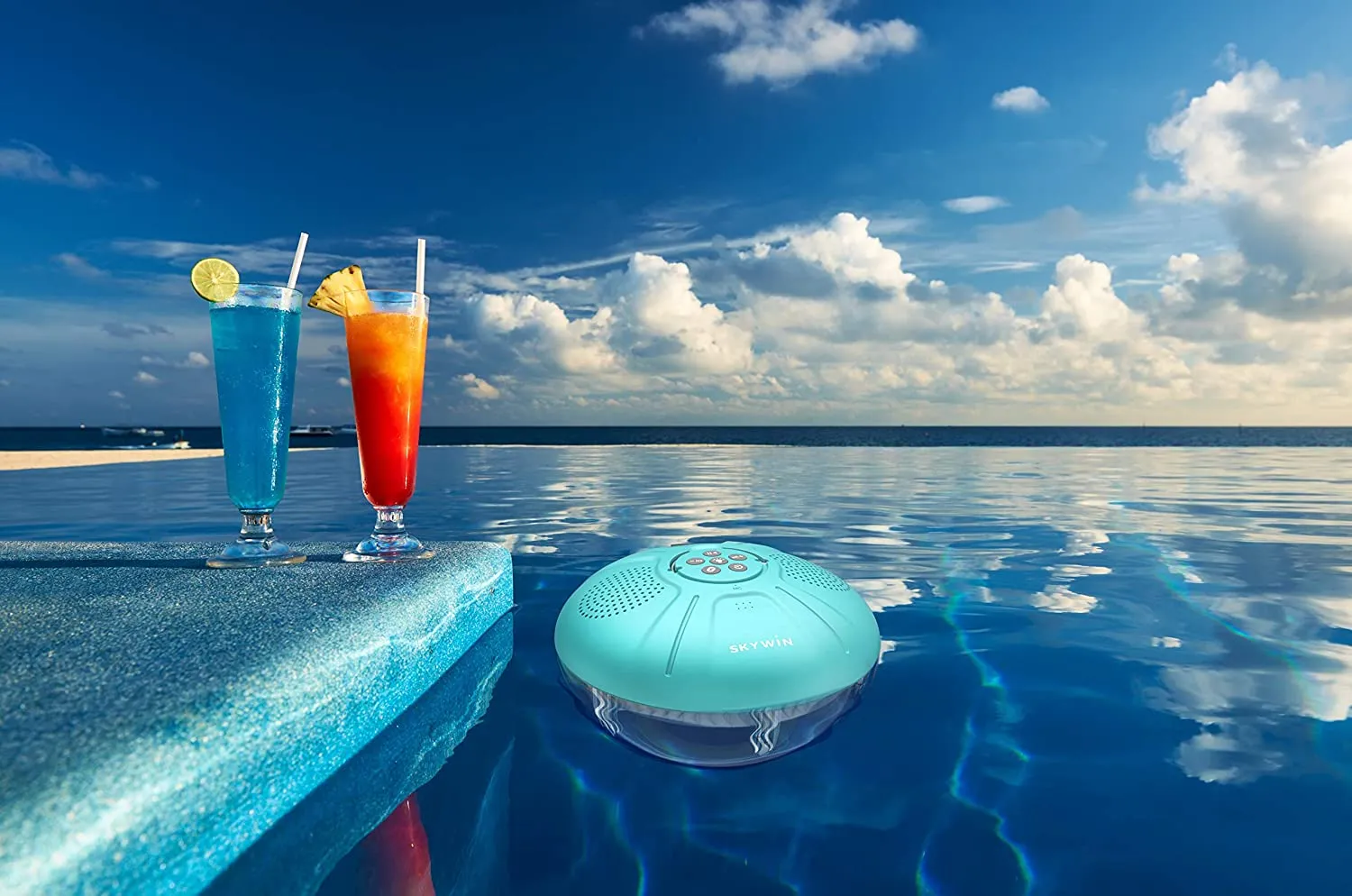 Skywin Hot Tub Speakers and Speakerphone - Disco Light Floating Waterproof IPX7 Large Wireless Pool and Shower Speaker with Dual Speaker Connection