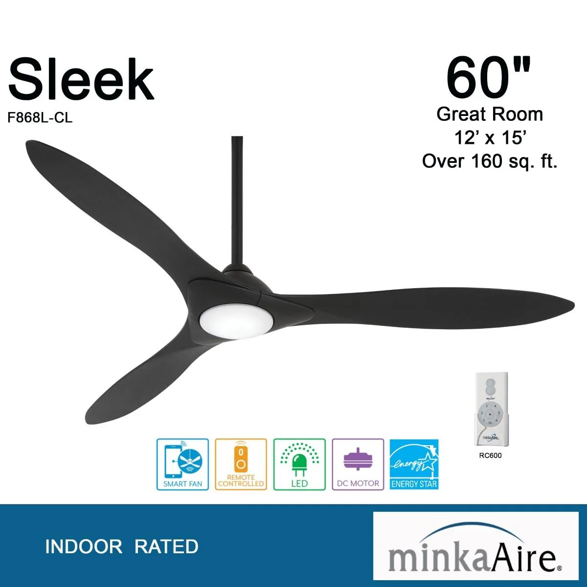 Sleek LED 60" Smart Ceiling Fan with Remote, Coal