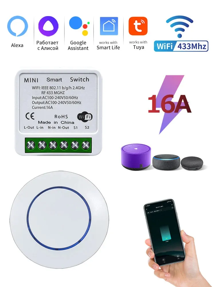 Tuya Smart Wifi Switch RF 433MHz Alexa Google Assistant Alice 16/20A Voice Remote Control Universal Mini Module for Led Lighting