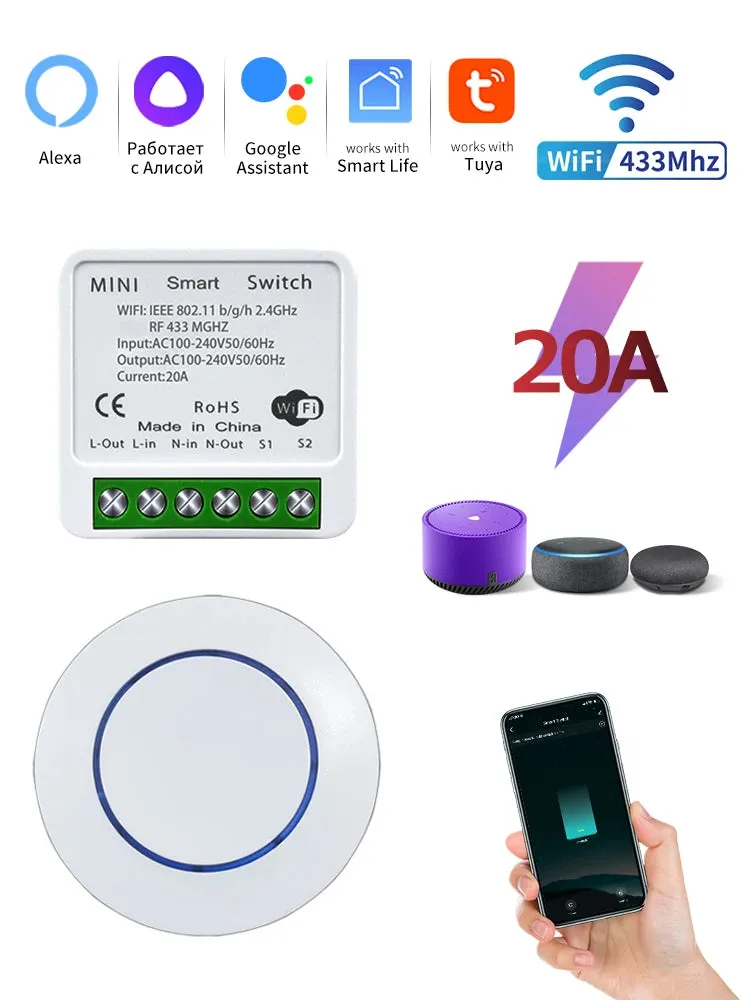 Tuya Smart Wifi Switch RF 433MHz Alexa Google Assistant Alice 16/20A Voice Remote Control Universal Mini Module for Led Lighting