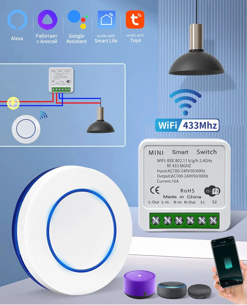 Tuya Smart Wifi Switch RF 433MHz Alexa Google Assistant Alice 16/20A Voice Remote Control Universal Mini Module for Led Lighting