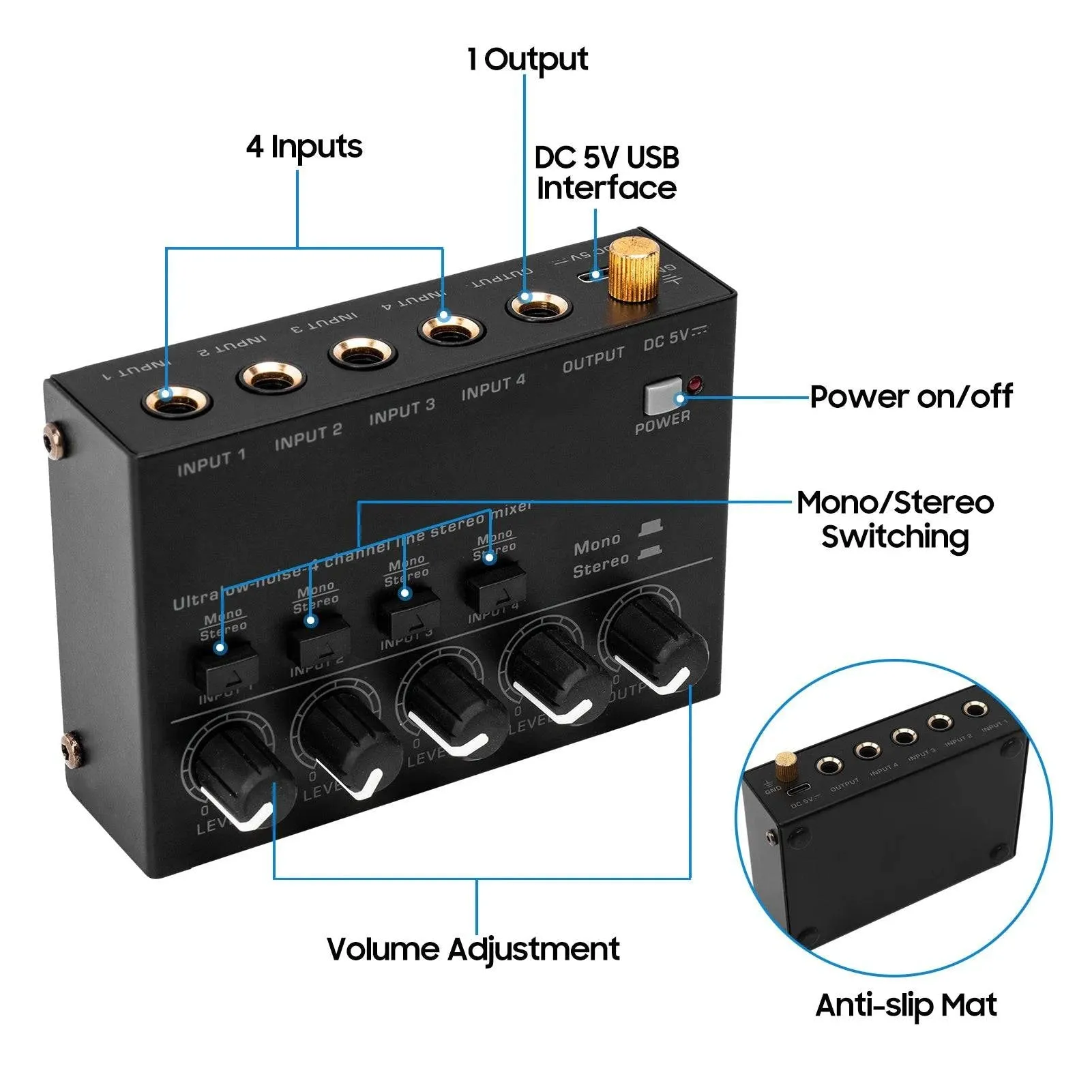 Ultra Low Noise 4 Channel Line Stereo Mixer 4 Input 1 Output DC 5V Mini Audio Mixer Microphone Guitar Bass Keyboard Mixers