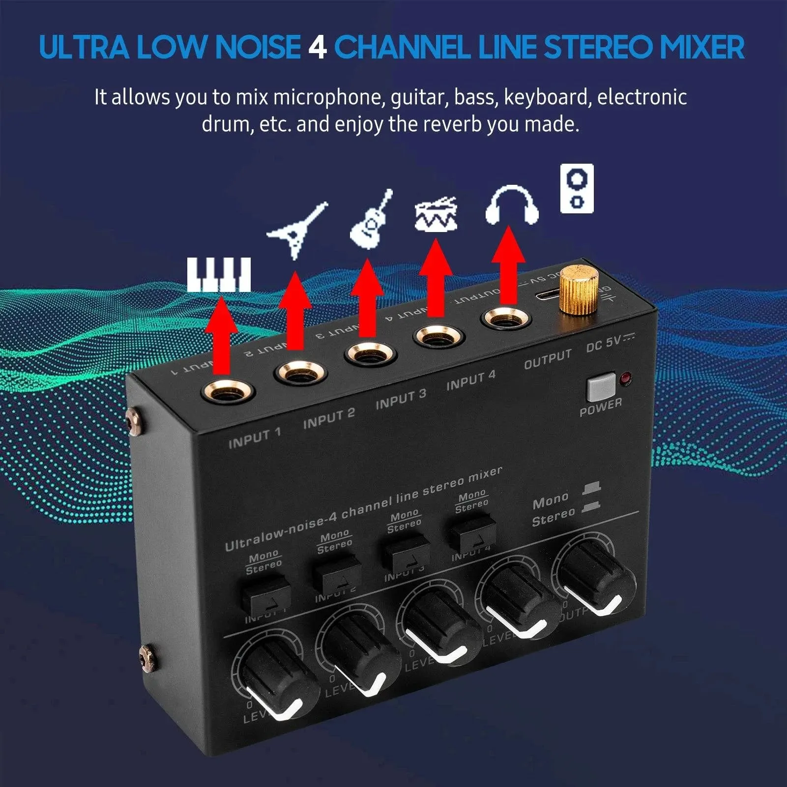 Ultra Low Noise 4 Channel Line Stereo Mixer 4 Input 1 Output DC 5V Mini Audio Mixer Microphone Guitar Bass Keyboard Mixers