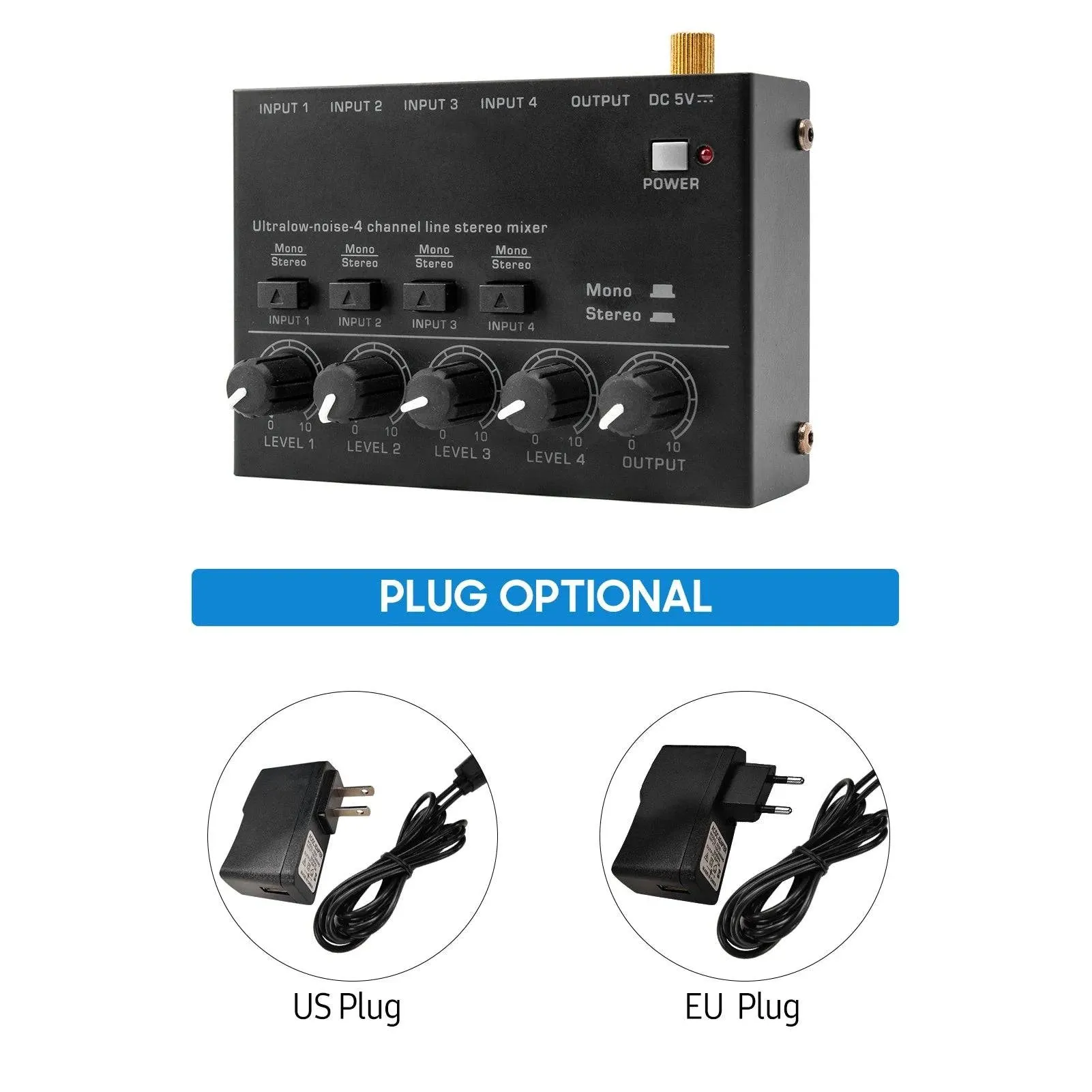Ultra Low Noise 4 Channel Line Stereo Mixer 4 Input 1 Output DC 5V Mini Audio Mixer Microphone Guitar Bass Keyboard Mixers