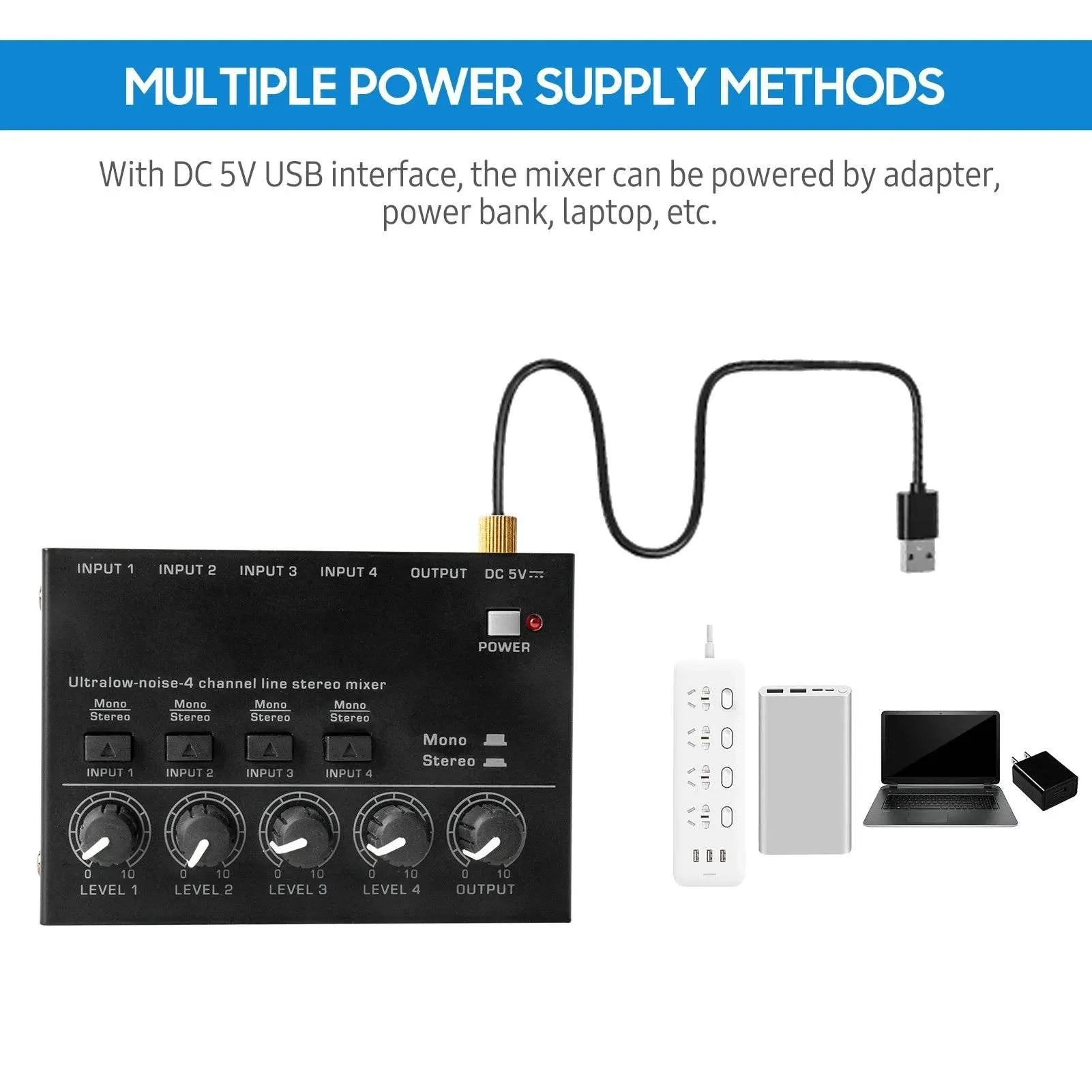 Ultra Low Noise 4 Channel Line Stereo Mixer 4 Input 1 Output DC 5V Mini Audio Mixer Microphone Guitar Bass Keyboard Mixers