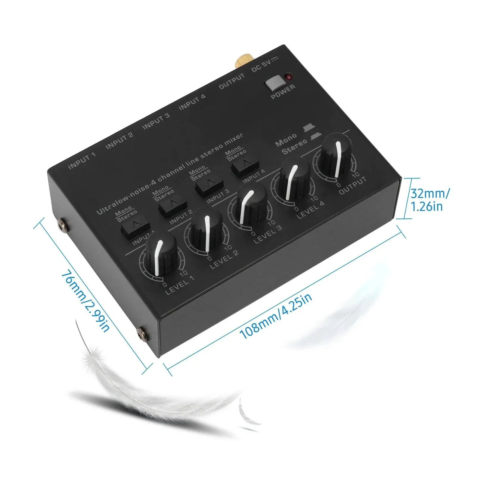 Ultra Low Noise 4 Channel Line Stereo Mixer 4 Input 1 Output DC 5V Mini Audio Mixer Microphone Guitar Bass Keyboard Mixers