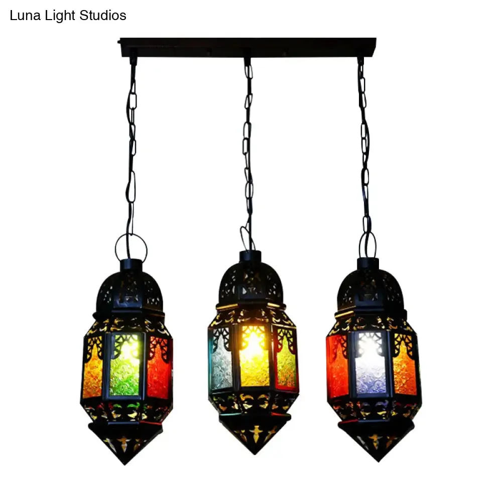 Vintage Metallic Lantern Pendant Lamp - Black 3-Bulb Hanging Lighting for Restaurant