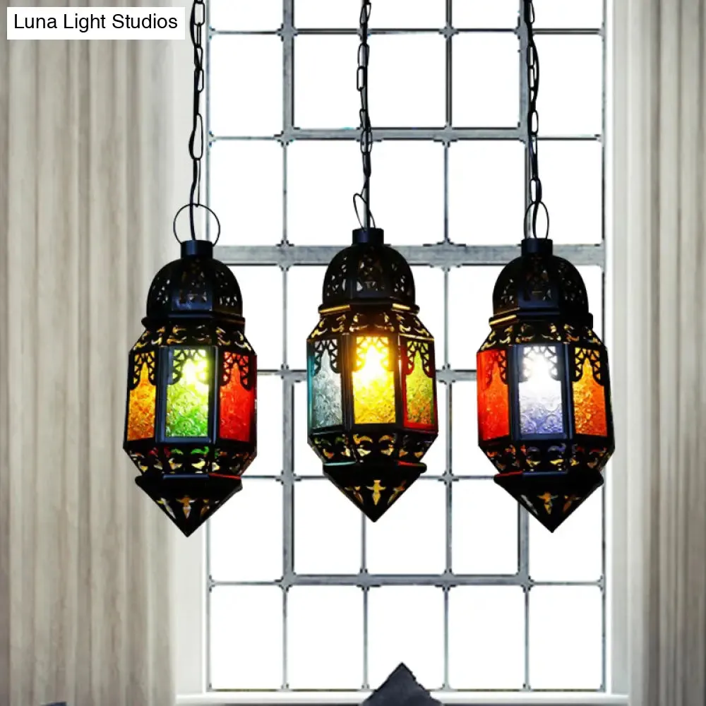 Vintage Metallic Lantern Pendant Lamp - Black 3-Bulb Hanging Lighting for Restaurant