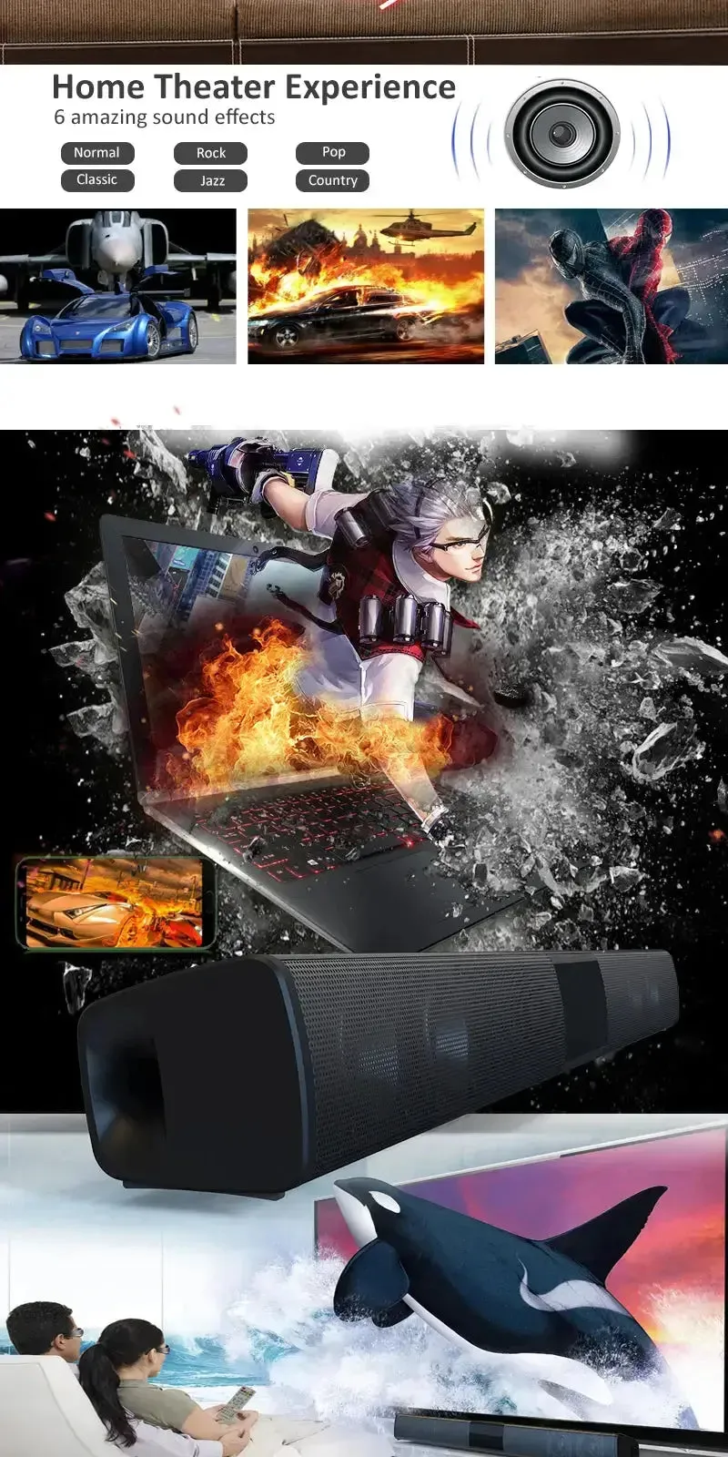 Wireless Bluetooth Sound Bar Speaker System Super Power Sound Speaker Wired Wireless Surround Stereo Home Theater TV Projector