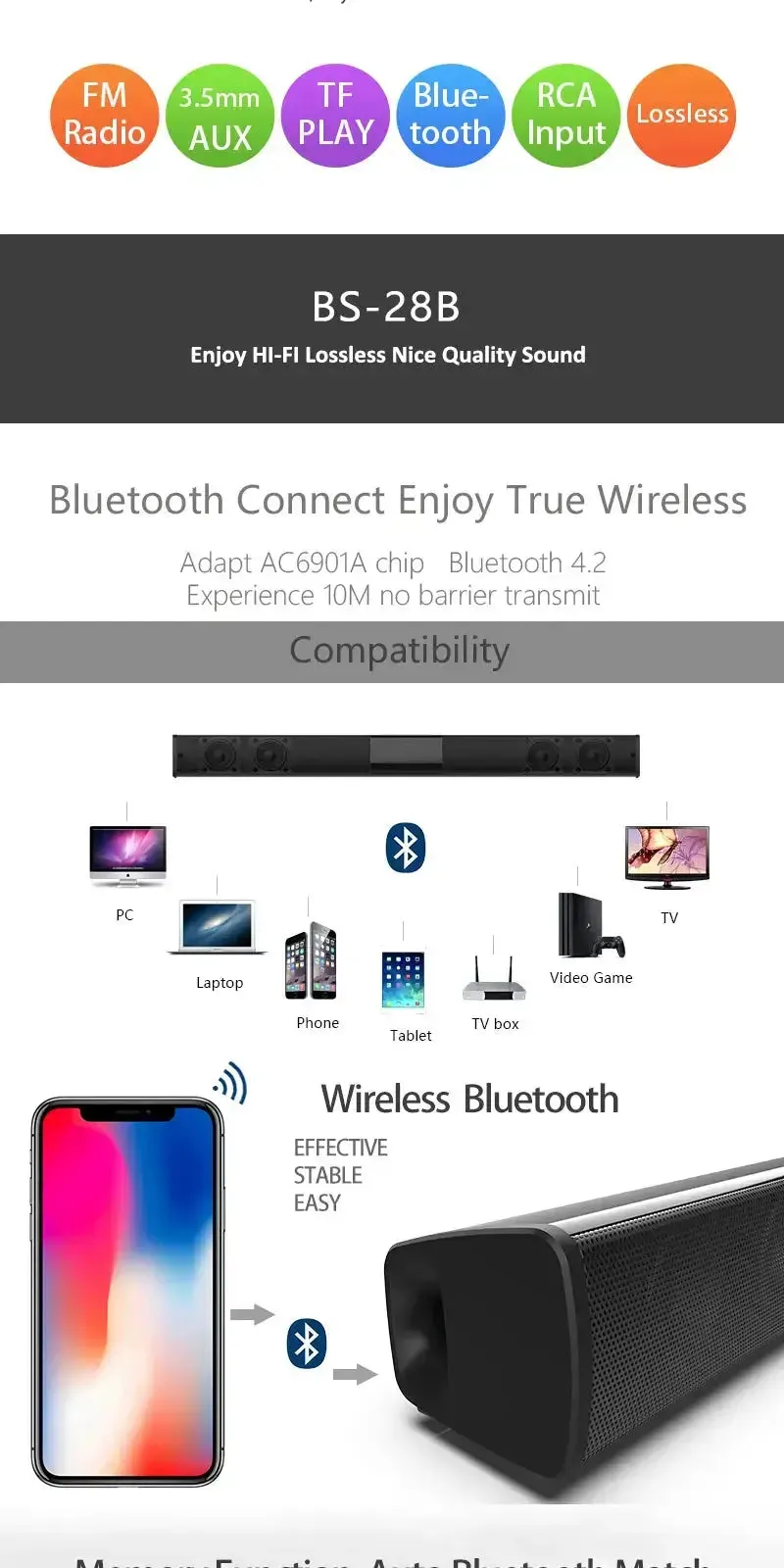 Wireless Bluetooth Sound Bar Speaker System Super Power Sound Speaker Wired Wireless Surround Stereo Home Theater TV Projector